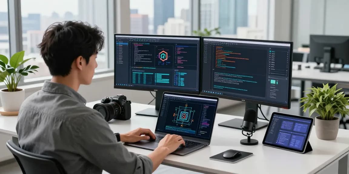 Professional workspace featuring an AI laptop running complex algorithms in a modern office environment.