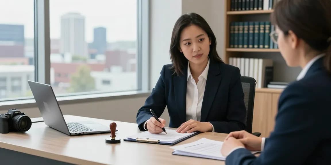 Notary in Brampton assisting clients with document notarization in a professional office.