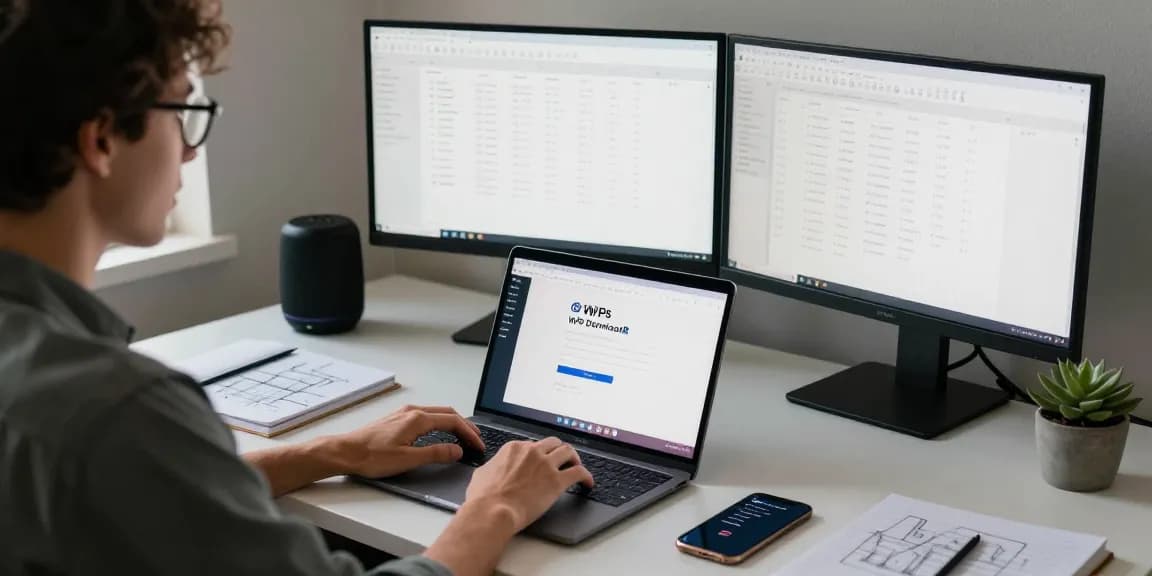 Focused individual with glasses using WPS Download on a sleek home workspace with laptop and monitors.