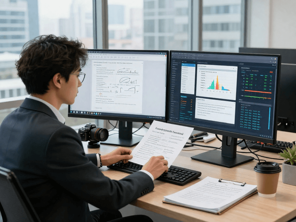 Professional analyzing document fraud detection trends with advanced AI tools in a modern office.