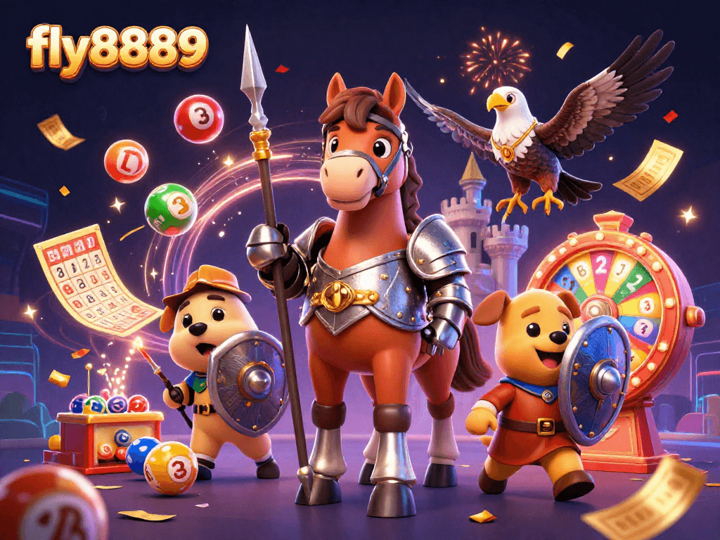 Engage with excitement at fly8889 with vibrant lottery balls and a celebratory 3D casino scene.