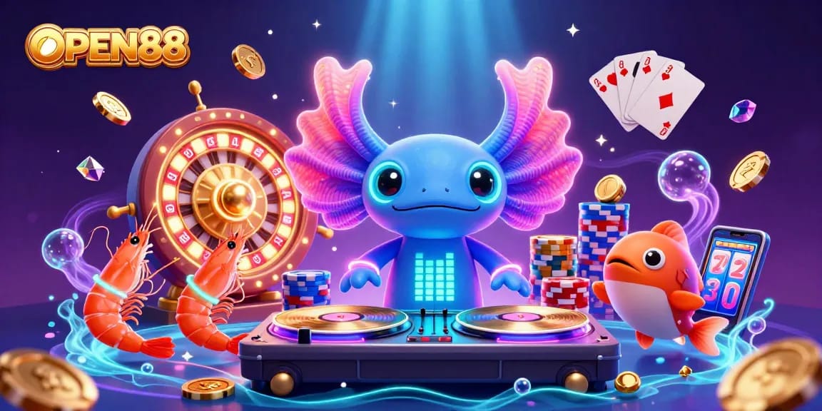 Experience the excitement of OPEN88 with vibrant casino elements and whimsical underwater characters.