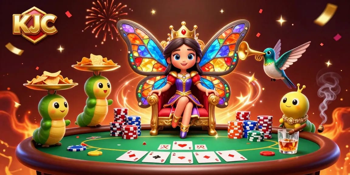 KJC showcases vibrant gaming energy with a butterfly queen and poker elements creating a captivating scene.