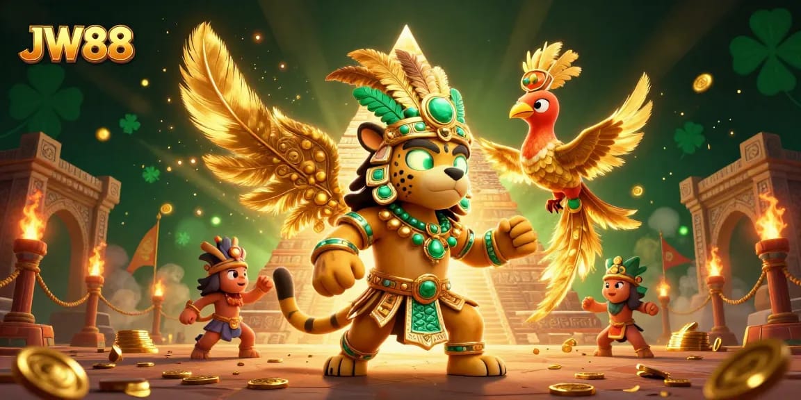 JW88 casino scene showcasing a Mayan priest and quetzal bird in a rich, immersive environment of gold and glowing elements.
