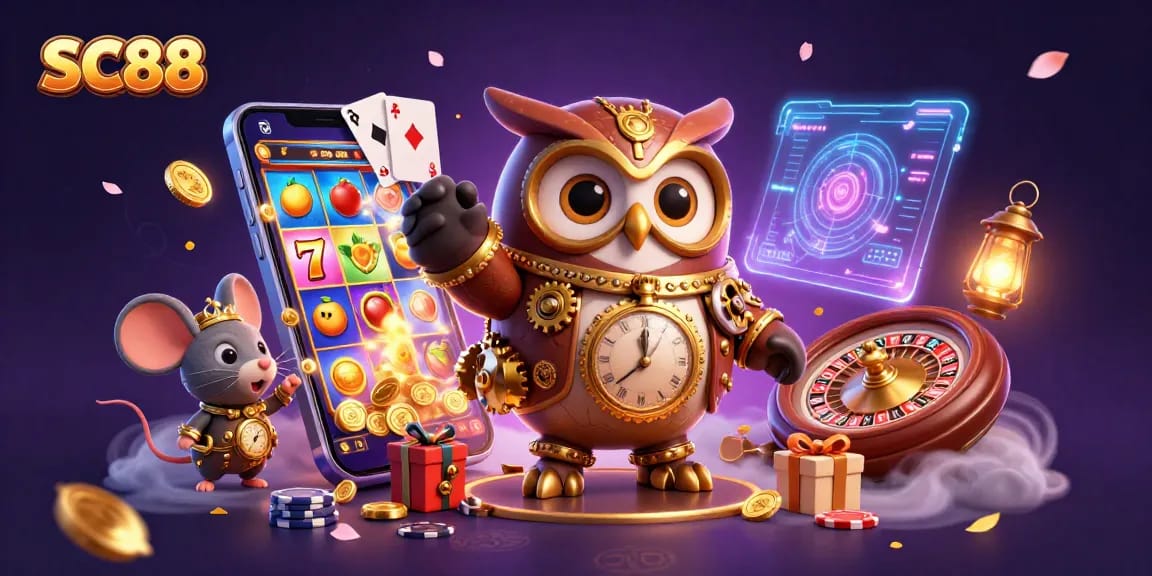 Spin to win at SC88 with a dynamic scene full of vibrant casino elements and characters.