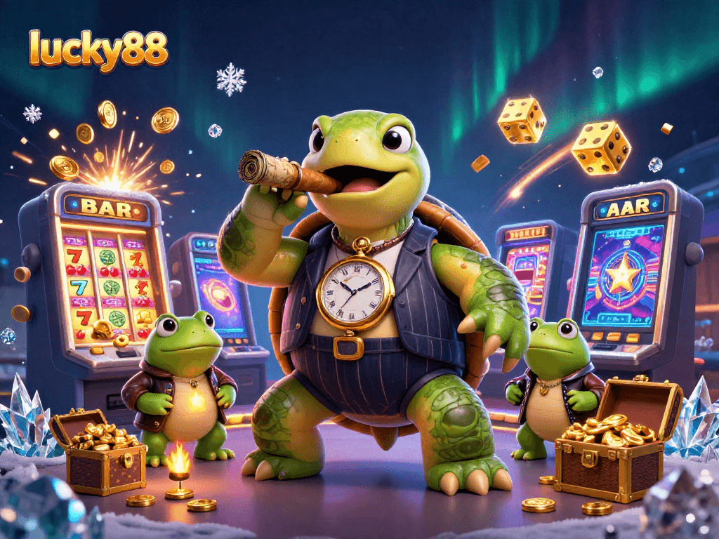 Experience lucky88's thrilling wins with casino-themed characters and vibrant game elements in this dynamic illustration.
