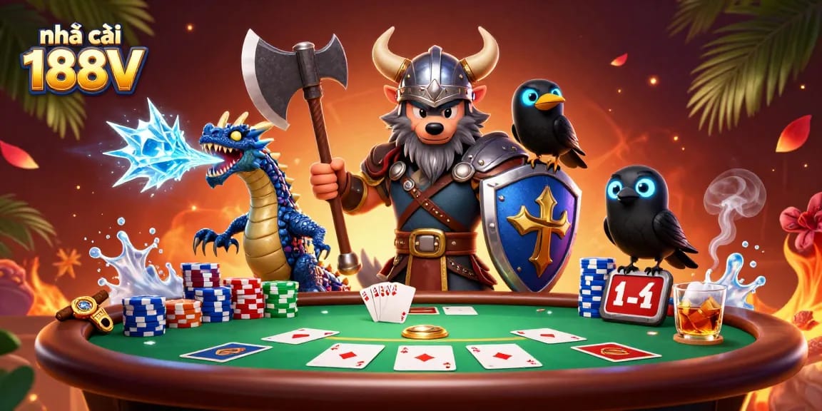 Engage with the exciting world of nhà cái 188V featuring a Viking wolf warrior, dragon, and dynamic casino elements.