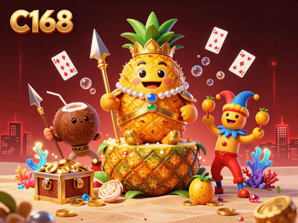 C168 showcases a vibrant casino scene with a golden pineapple king and treasure-filled chests ensuring an exciting gaming experience.