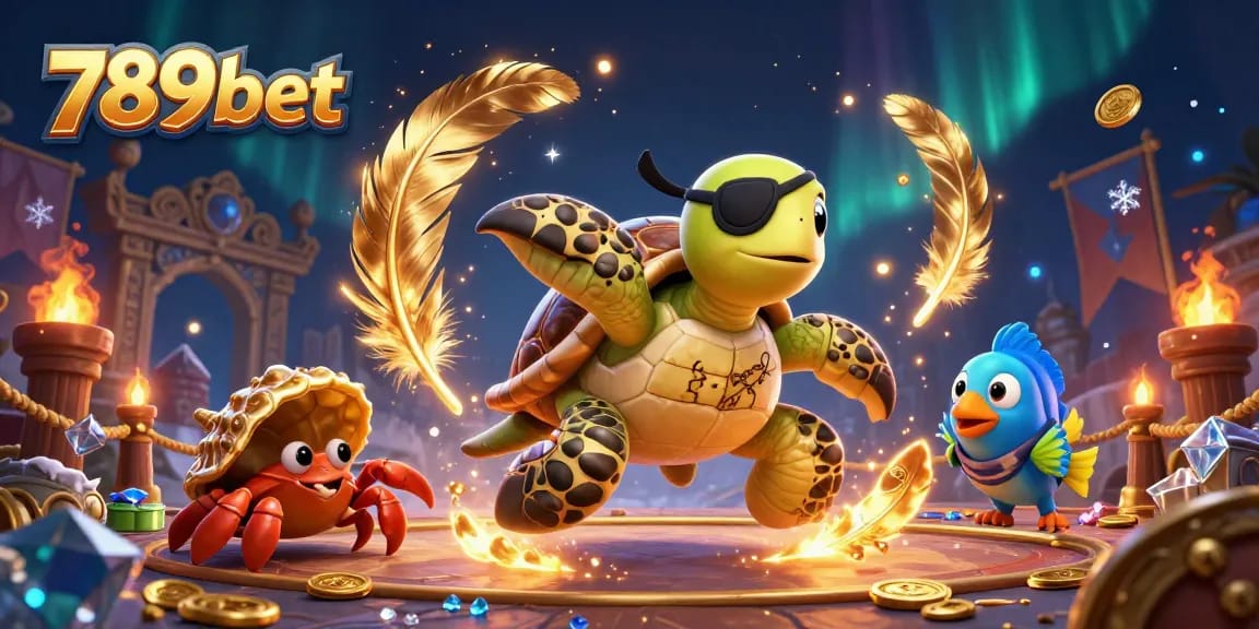 Engage in thrilling 789bet adventures with a cartoon pirate turtle and friends in an action-packed casino scene.