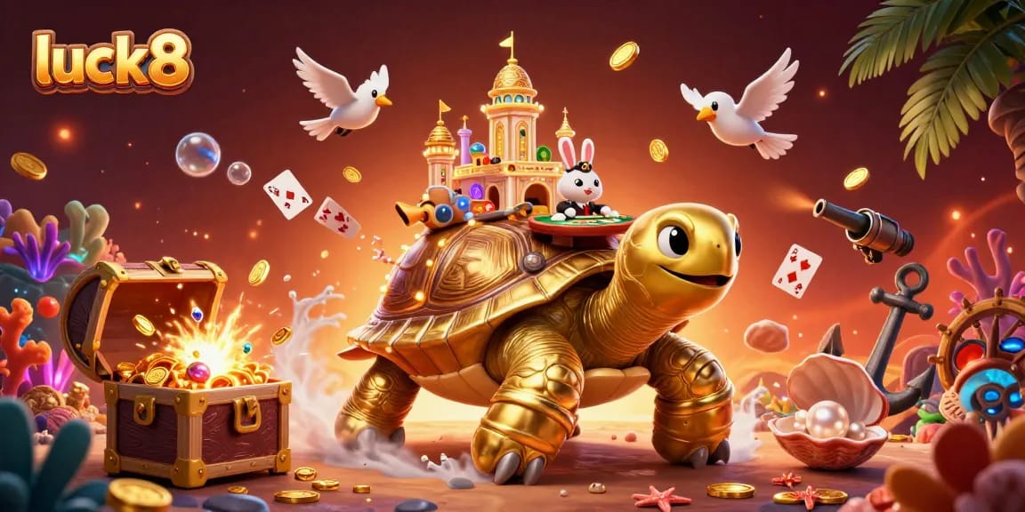 Experience luck8 in this vibrant 3D scene featuring a golden tortoise casino and fluttering birds with coins.