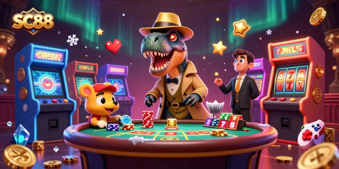 SC88 velociraptor card counter at a blackjack table beside a stegosaurus pit boss.