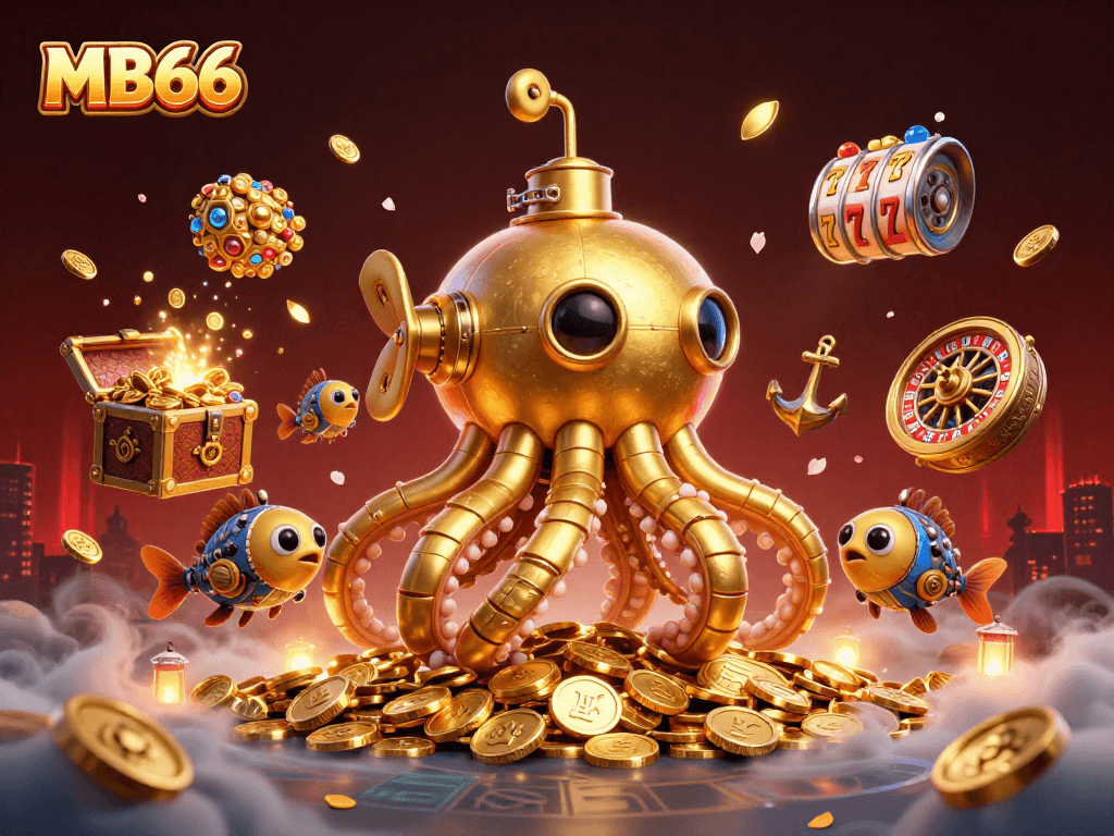Experience the thrill of MB66 casino games with a vibrant 3D illustration of a kraken-inspired adventure.