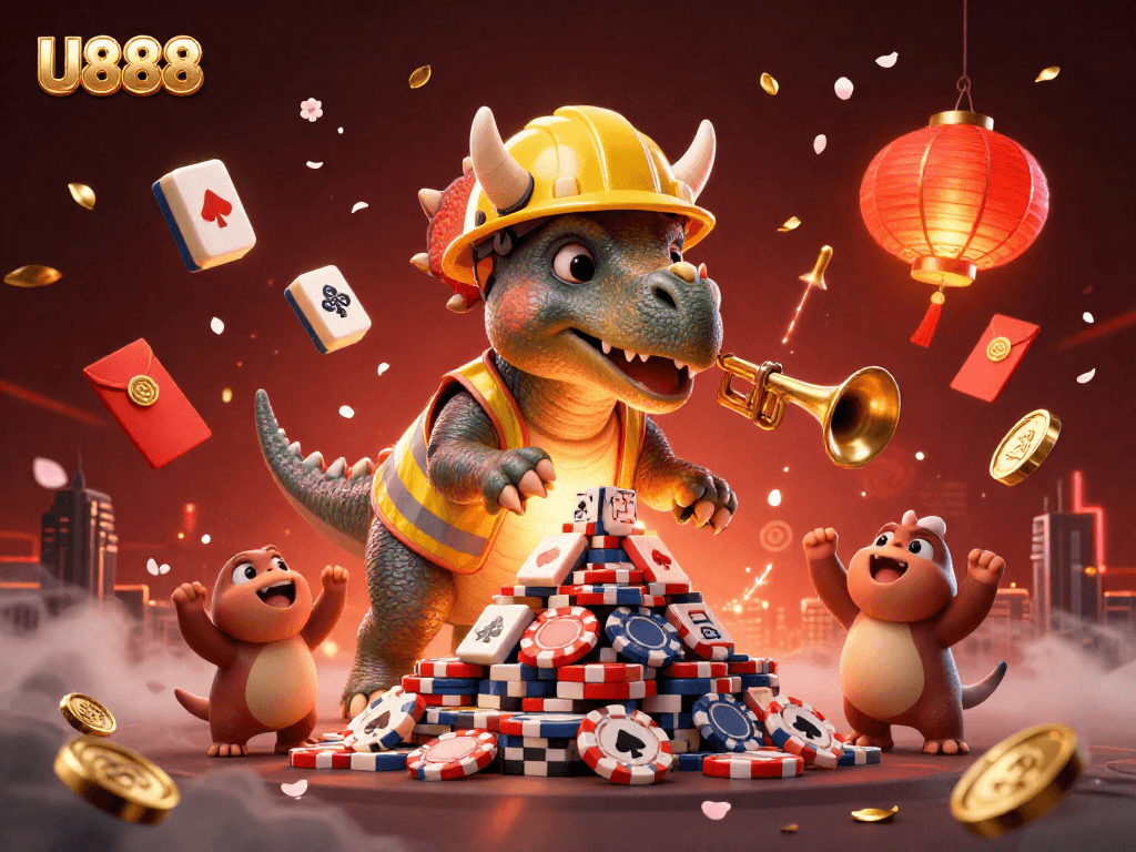 U888 creation scene with a triceratops building poker chip pyramids amidst festive casino elements.