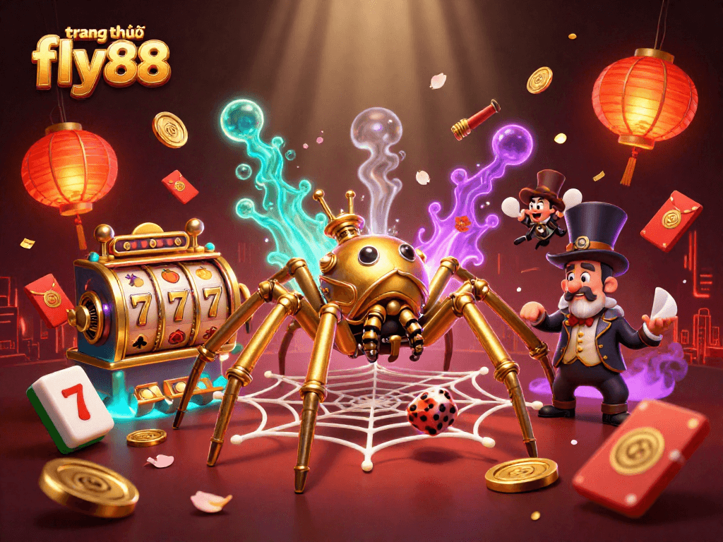 Engage with the thrilling experience at trang chủ fly88, featuring vibrant slot reels and a whimsical steampunk spider.
