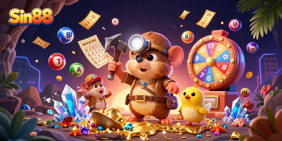 Engage in Sin88's thrilling lottery adventure featuring vibrant colorful elements and dynamic characters.