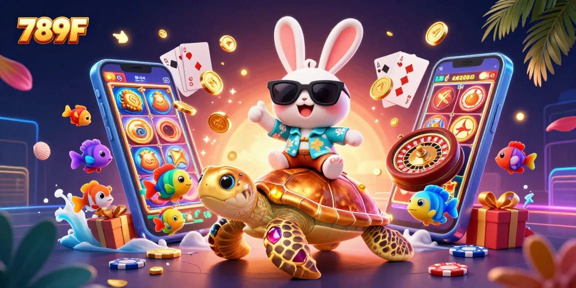 Experience thrilling games at 789F with a lucky rabbit and turtle amid vibrant casino elements.