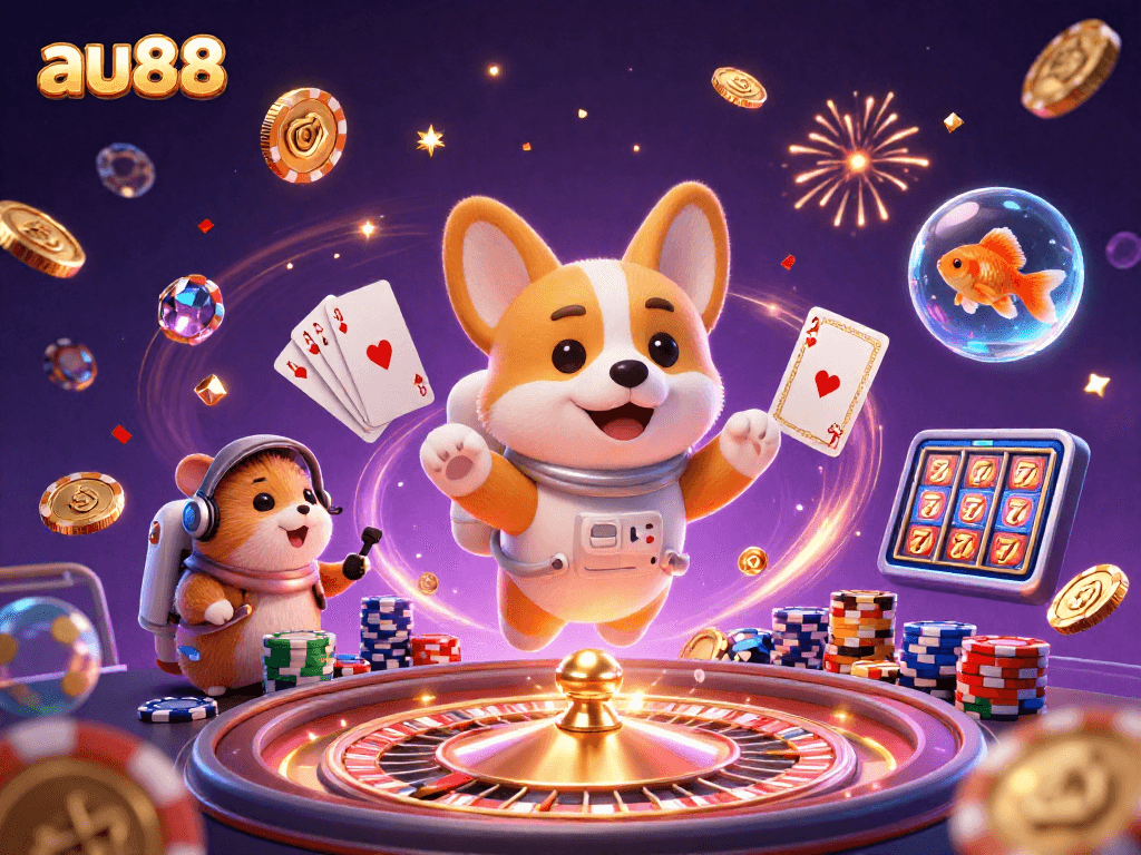 Win big at au88 with a dynamic scene of a corgi astronaut in a casino full of floating coins and joy.