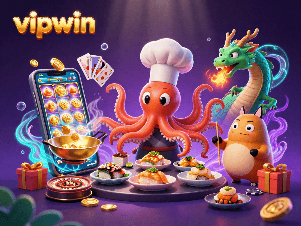 Experience thrilling bets at vipwin illustrated with a dynamic octopus chef and exciting casino elements.