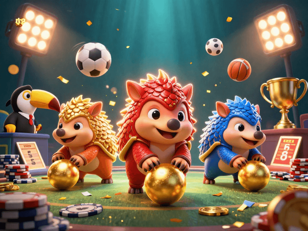 Engage with tt88's thrilling bowling pangolins and dynamic sports action in an animated casino scene.