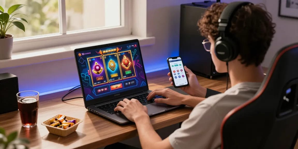 Pengguna NENG4D menikmati permainan slot online dengan laptop di lingkungan nyaman.