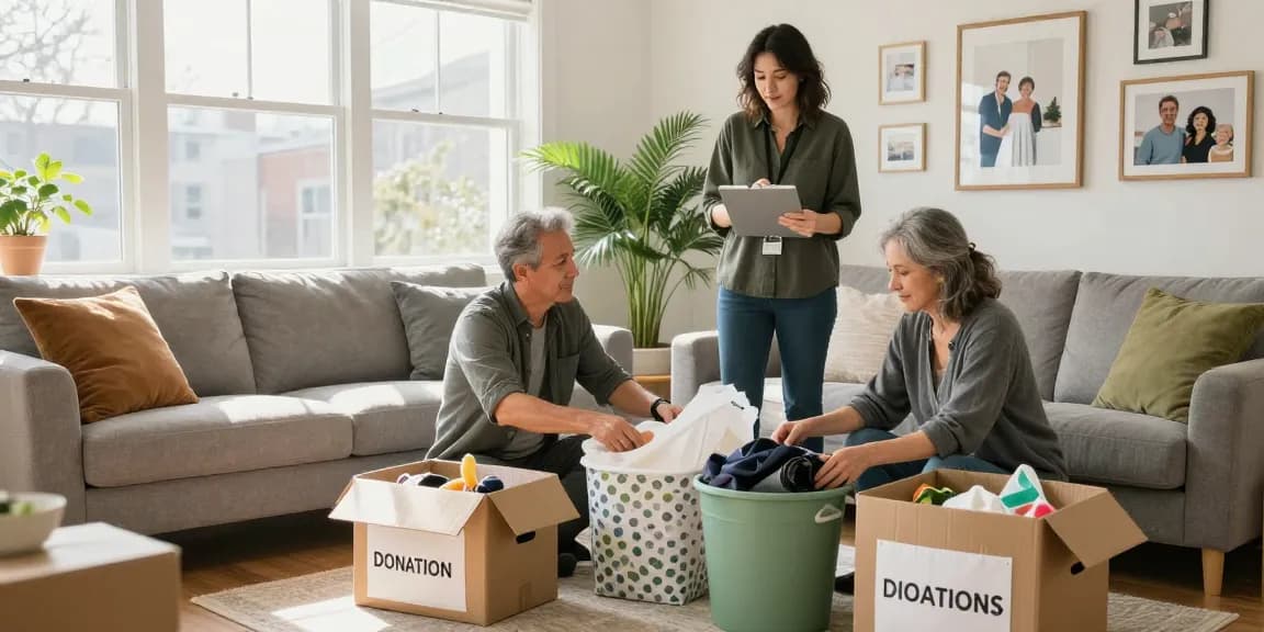 Downsizing Ottawa scene with professional organizer assisting couple sorting items for a clutter-free home.