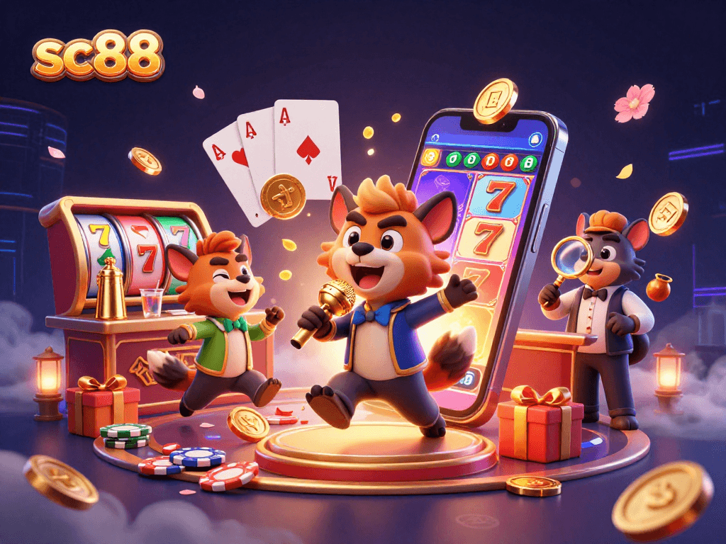 Experience the thrill of sc88 with hyena characters in a vibrant comedy casino scene.