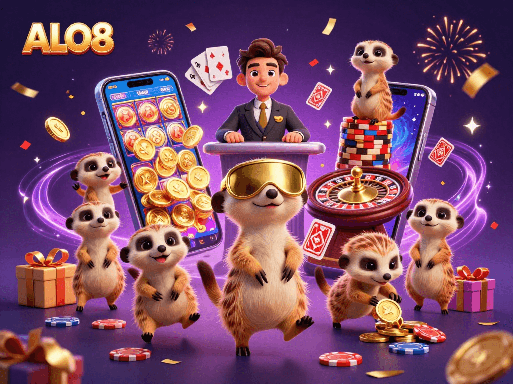 Experience ALO8's immersive casino world with meerkats running the show, dazzling games, and vibrant energy.