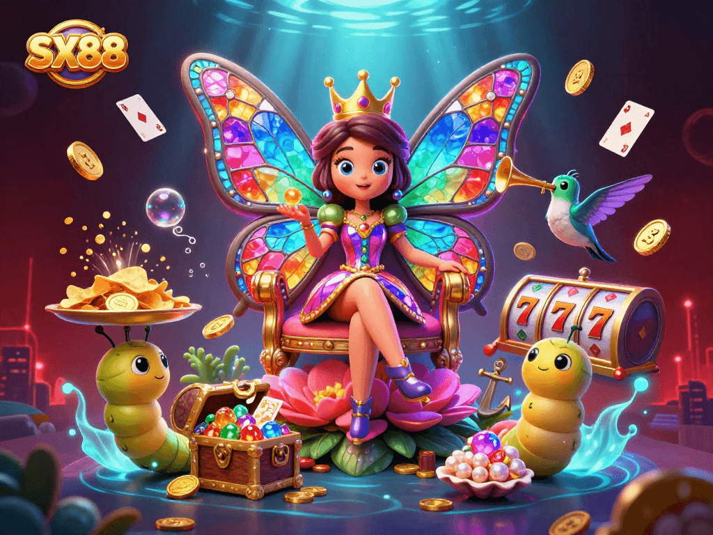 SX88 showcases a vibrant, 3D digital illustration of a butterfly queen, treasure, and slot elements in an engaging casino scene.