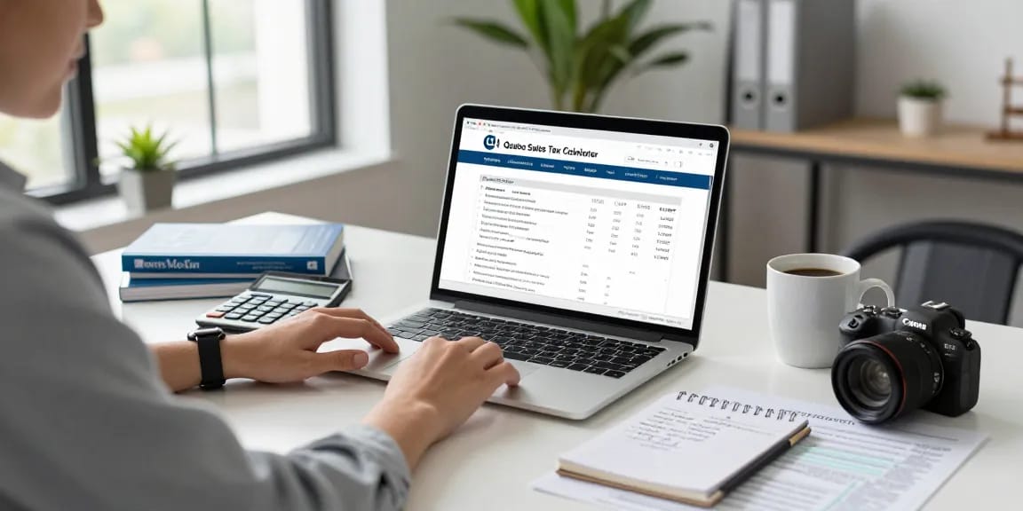 Using the quebec sales tax calculator 2026 in a professional office setting with financial documents and a laptop.