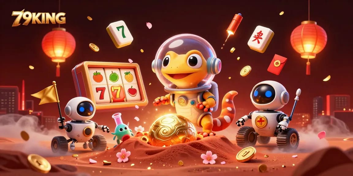 Experience the excitement of 79KING with a vibrant Martian gecko discovering a gold casino on Mars.