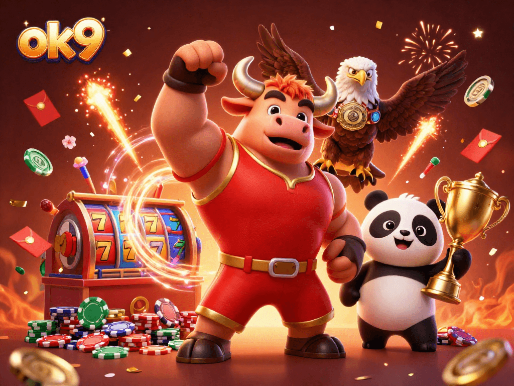 Engage in thrilling slot games with ok9 featuring vibrant casino elements and mascot characters.