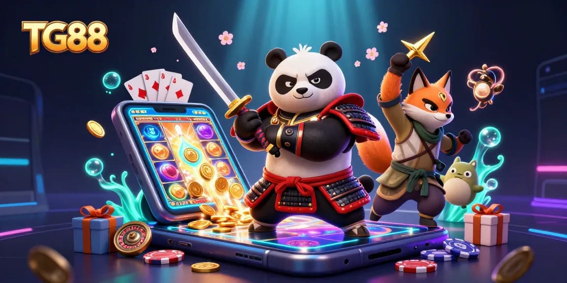 Engage in thrilling slot gaming with TG88 as our samurai panda and ninja fox capture the excitement!