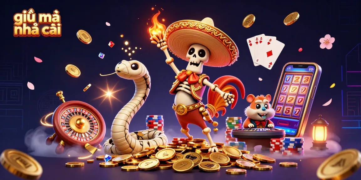 Experience the excitement at giải mã nhà cái with a festive 3D scene of casino characters celebrating around golden gold.