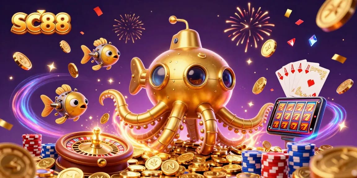 Experience SC88’s vibrant casino adventure with a golden kraken and glamorous game elements.