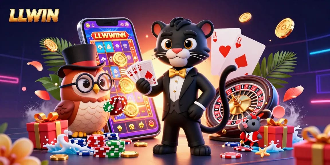 Experience LLWIN's excitement with a stylish panther dealing cards while surrounded by vibrant casino elements.