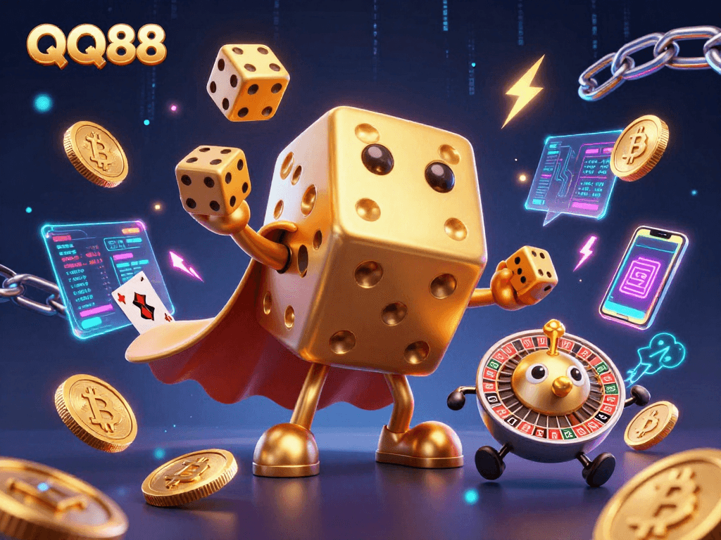 Engage in thrilling gameplay with QQ88 featuring golden dice and crypto elements in a vibrant casino setting.