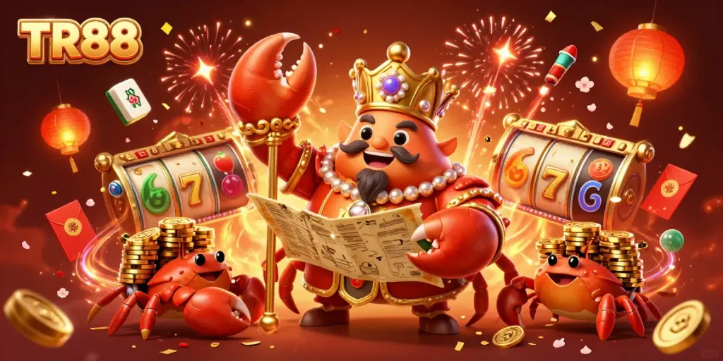 Experience the ultimate TR88 gaming adventure with a dynamic scene featuring a grand golden crab monarch and casino symbols.