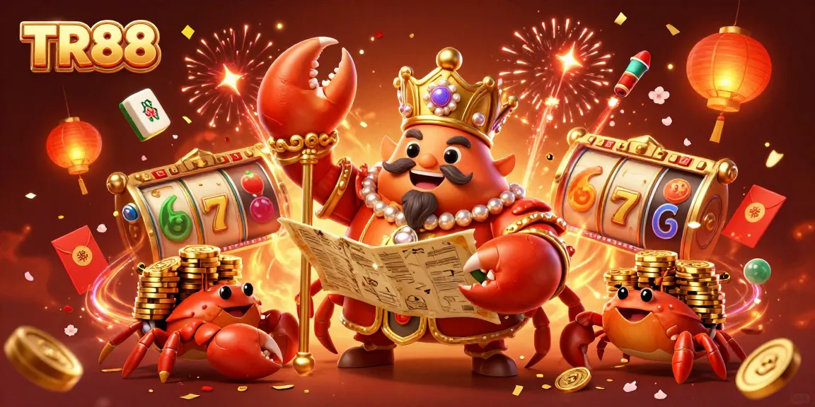 Experience the ultimate TR88 gaming adventure with a dynamic scene featuring a grand golden crab monarch and casino symbols.