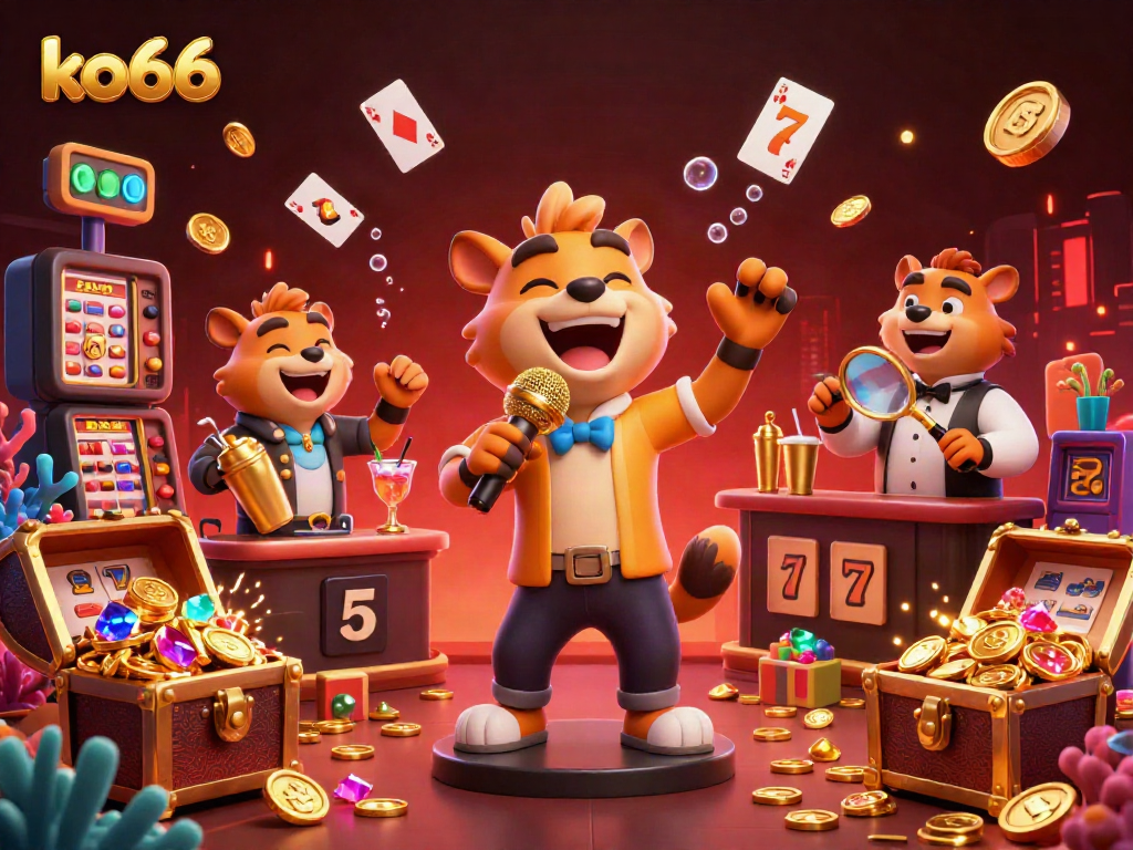 The lively ko66 casino scene features hyenas as characters in a vibrant comedy club, with gaming elements around them.