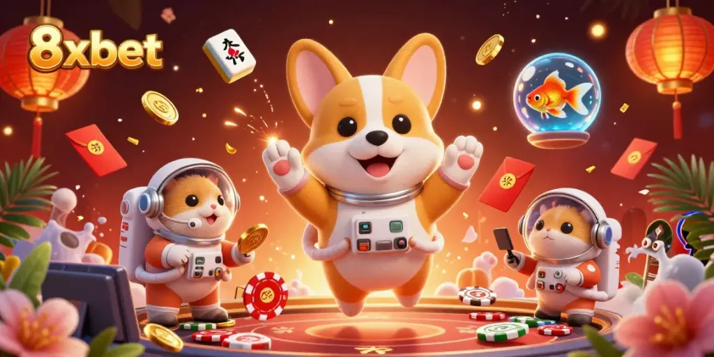 Engage with thrilling casino experiences on 8xbet featuring a whimsical space scene with floating characters.