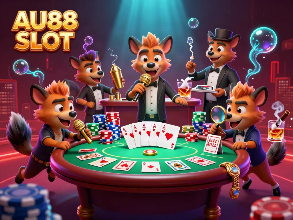 Engage in the thrill of AU88 SLOT with vibrant hyenas, poker elements, and a lively casino atmosphere.