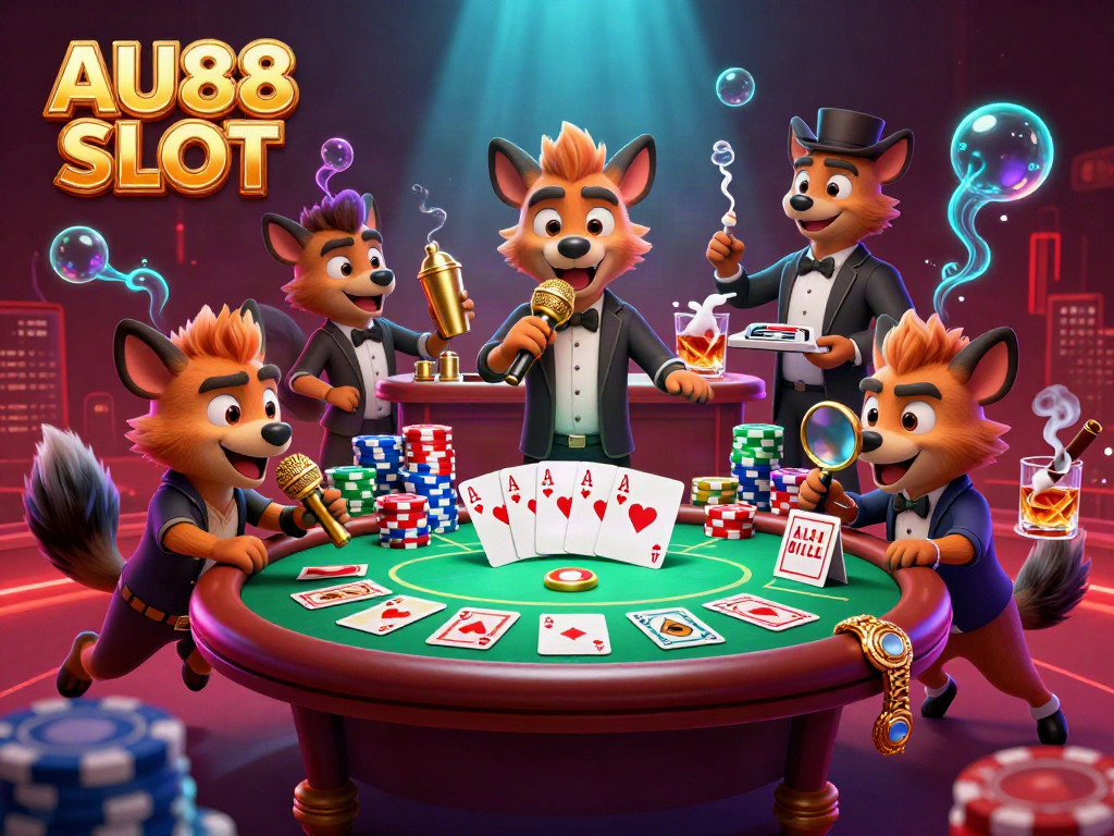 Engage in the thrill of AU88 SLOT with vibrant hyenas, poker elements, and a lively casino atmosphere.