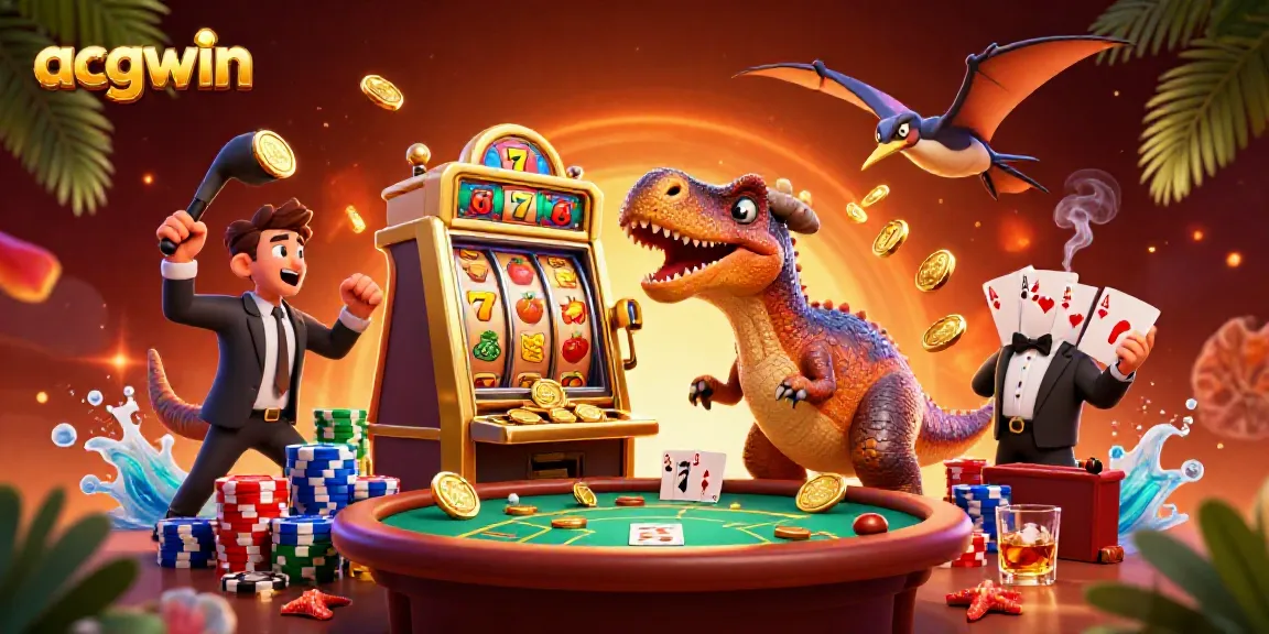 Engaging acgwin scene with a cartoon dinosaur winning jackpot coins at a lively casino.