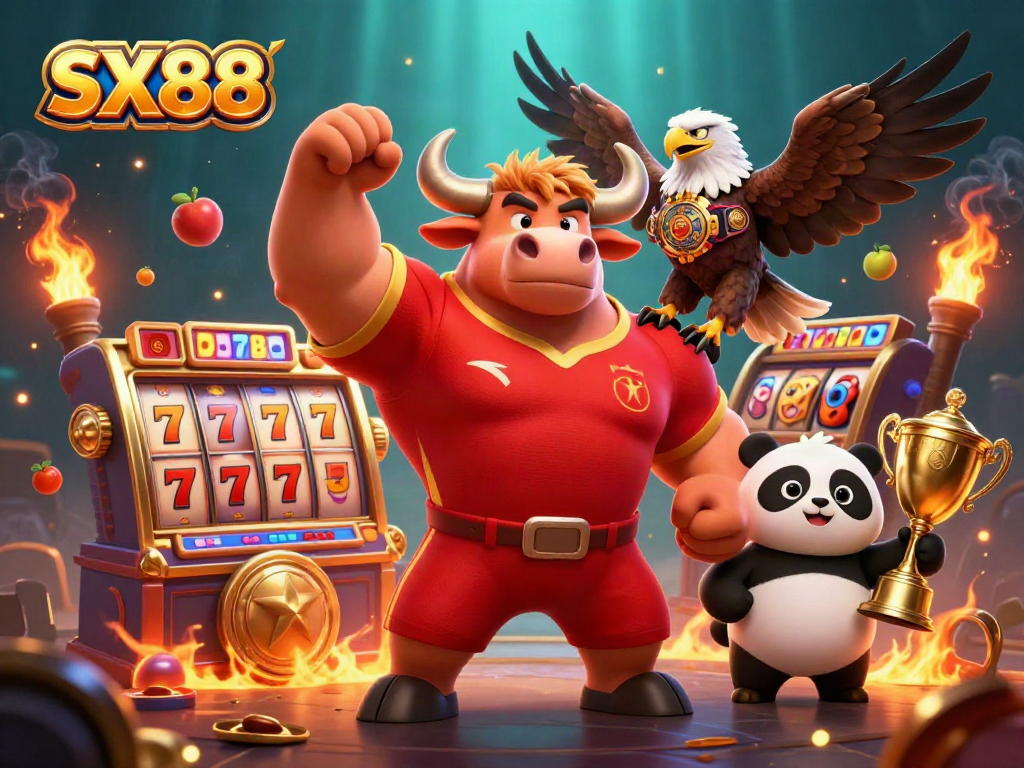 SX88 showcases iconic gambling elements, featuring a joyful panda holding a trophy and a strong bull mascot celebrating luck.
