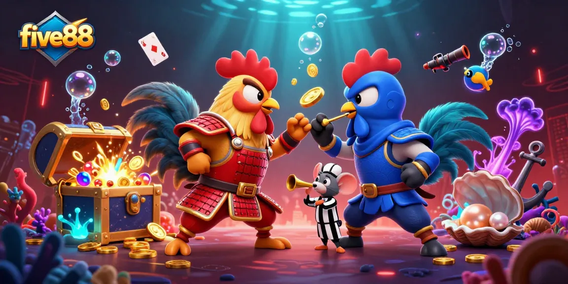 Engage with five88's thrilling combat as roosters clash amidst a vibrant casino landscape.