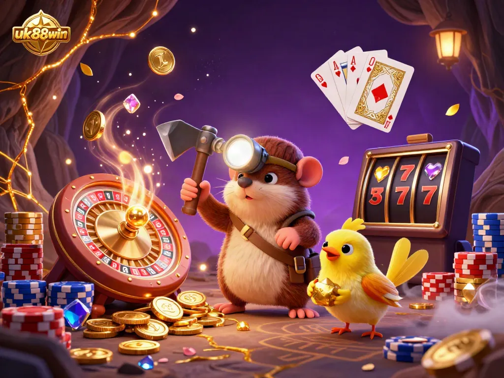 Experience the excitement at uk88win with a vibrant 3D treasure mining scene filled with gold coins and casino elements.