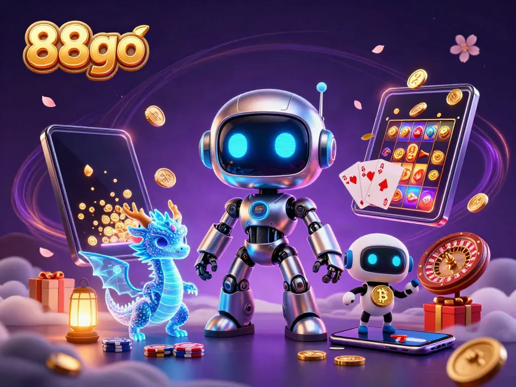 Experience exciting gameplay with 88go's vibrant casino-themed digital illustration showcasing a dynamic robot and dragon.