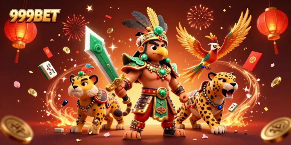 Experience thrilling gameplay with 999BET featuring vibrant Aztec warriors and casino elements.