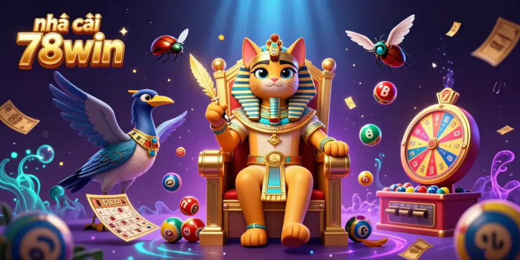 Engage with the vibrant scene depicting nhà cái 78win as a lively online casino, featuring a pharaoh cat and dynamic lottery elements.