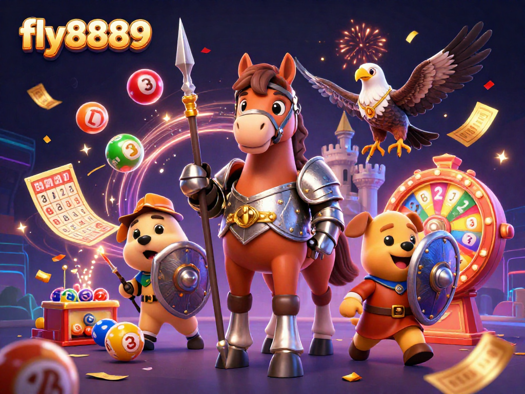 Engage with excitement at fly8889 with vibrant lottery balls and a celebratory 3D casino scene.